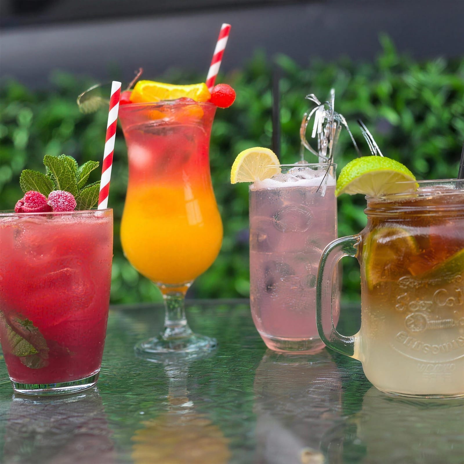Colourful happy hour cocktails on a courtyard table, including a Raspberry Mojito and a Dark and Stormy jug