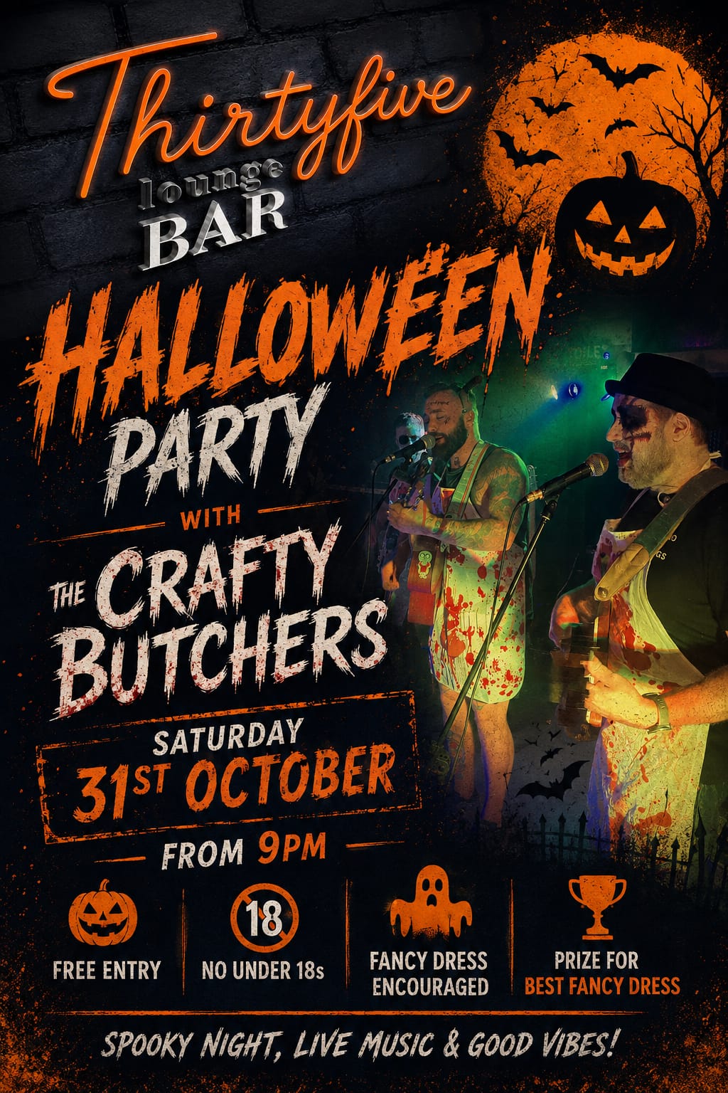Poster for the Halloween Party with The Crafty Butchers on Saturday 31 October, from 9pm, free entry, fancy dress prize