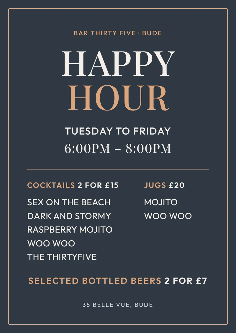 Happy hour poster with the offers and times, Tuesday to Friday, 6pm to 8pm