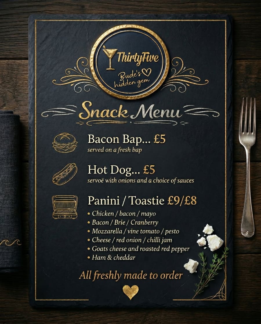 Bar Thirty Five snack menu: bacon bap £5, hot dog £5, paninis £9 and toasties £8 including chicken bacon mayo, bacon brie cranberry, mozzarella tomato pesto, cheese chilli jam, goats cheese red pepper, ham and cheddar. All freshly made to order.